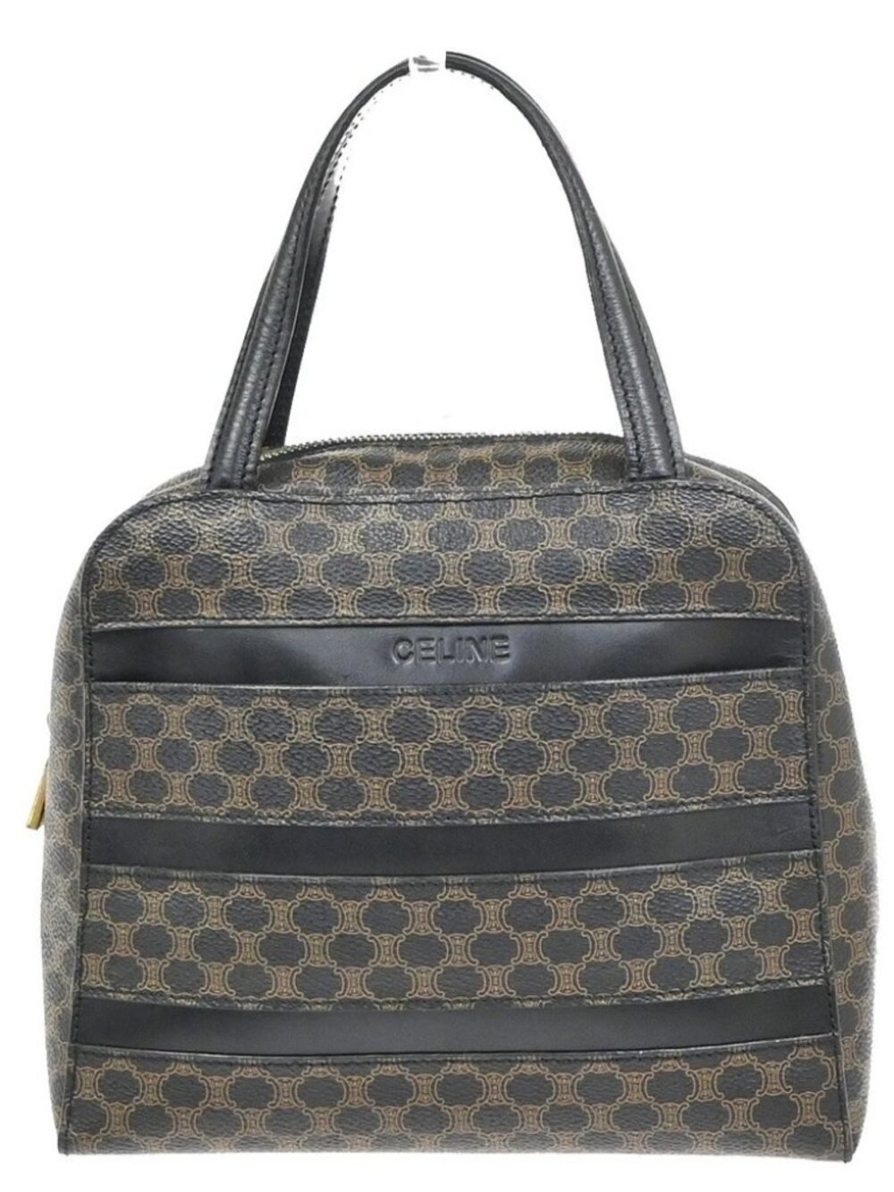 CELINE Logo Macadam Hand Bag PVC Leather Black Brown GHW Italy 67KD092